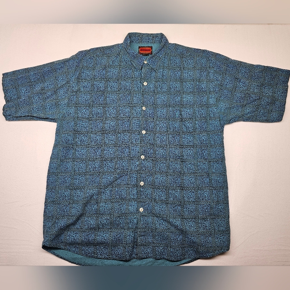 Vintage Shah Safari Blue Patterned Casual Button-Down Shirt